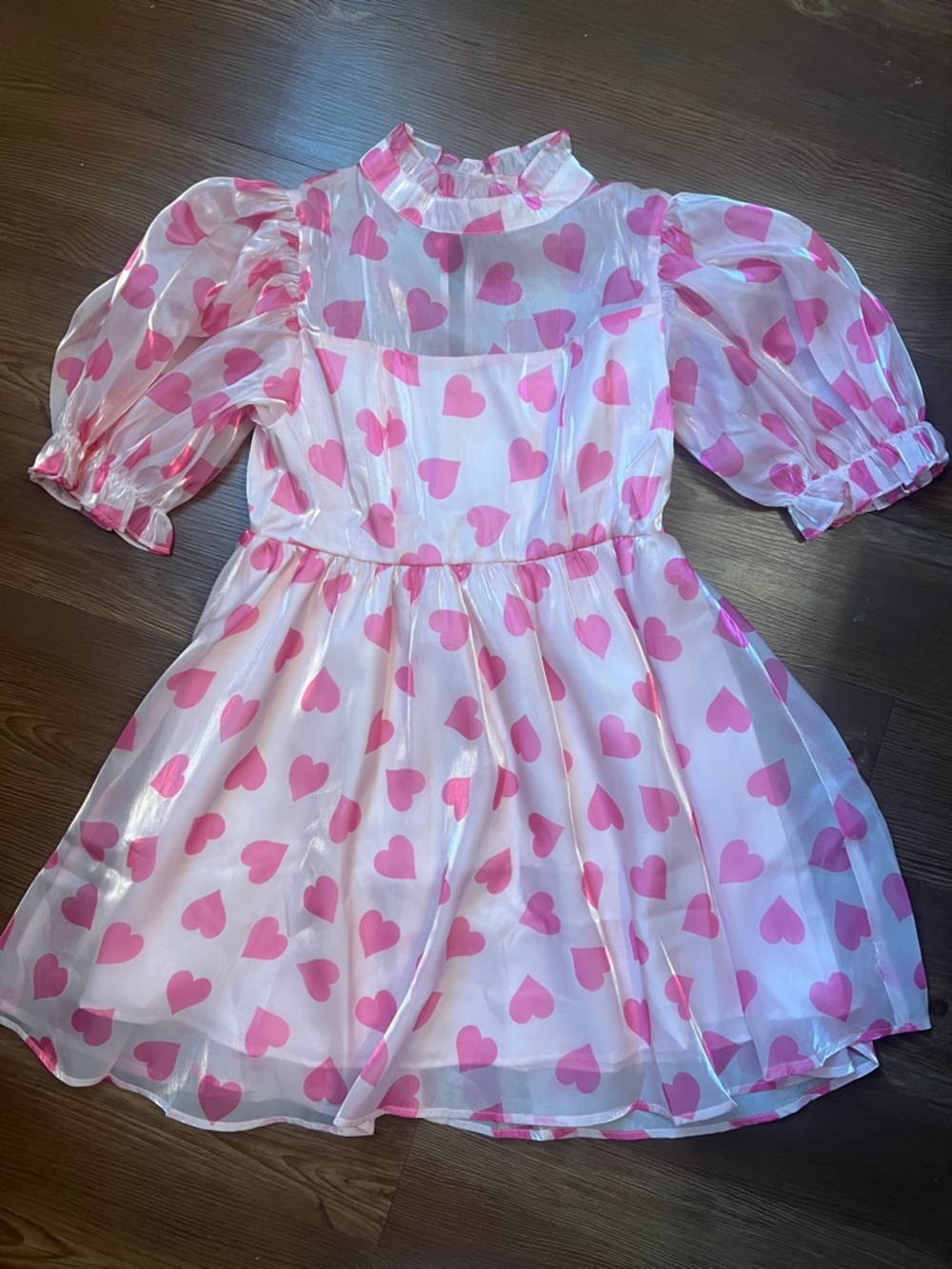 Peach Love California White Mini Dress with Pink Heart Print and Puff Sleeves